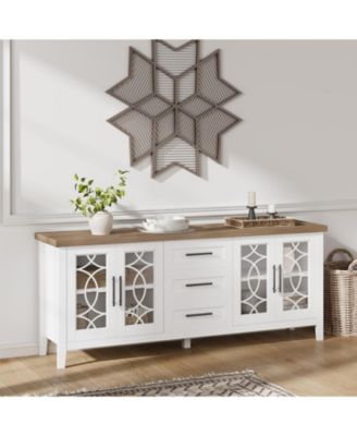 Farmhouse TV Stand with Glass Door for 70 Inch Tv, Mid Century Modern Entertainment Center for Living Room