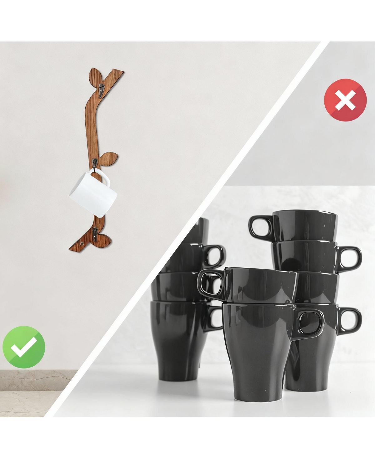 Yigii Wood Coffee Mug Wall Rack Set of 3, 9 Hooks, Space-Saving, Rustic Pine