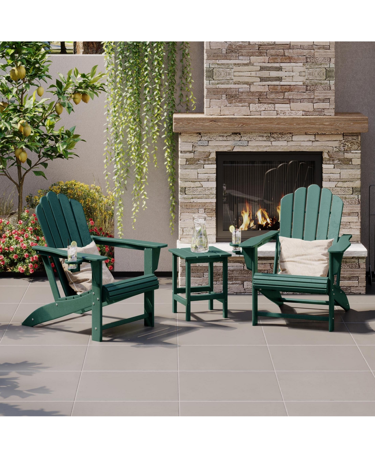 3-Piece Outdoor Patio Hdpe Adirondack Chair With Cup Holder and Table Set