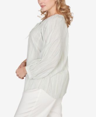 Plus Size Crinkle Stripe Tie Front Peasant Top