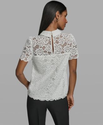 Women's Short-Sleeve Floral Lace Woven Blouse