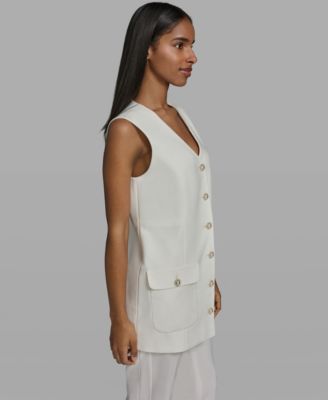 Women's V-Neck Woven Vest with Embellished Buttons