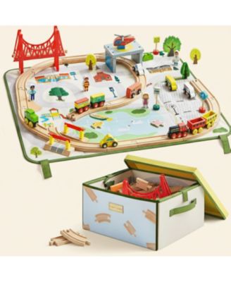110-Piece Wooden Train Set with Folding Storage Box