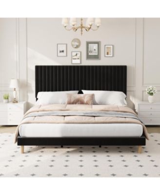 King Size Velvet Bed Frame, Vertical Channel Tufted Headboard, Height Adjustable, Upholstered Platform Bed, No Box Spring Needed