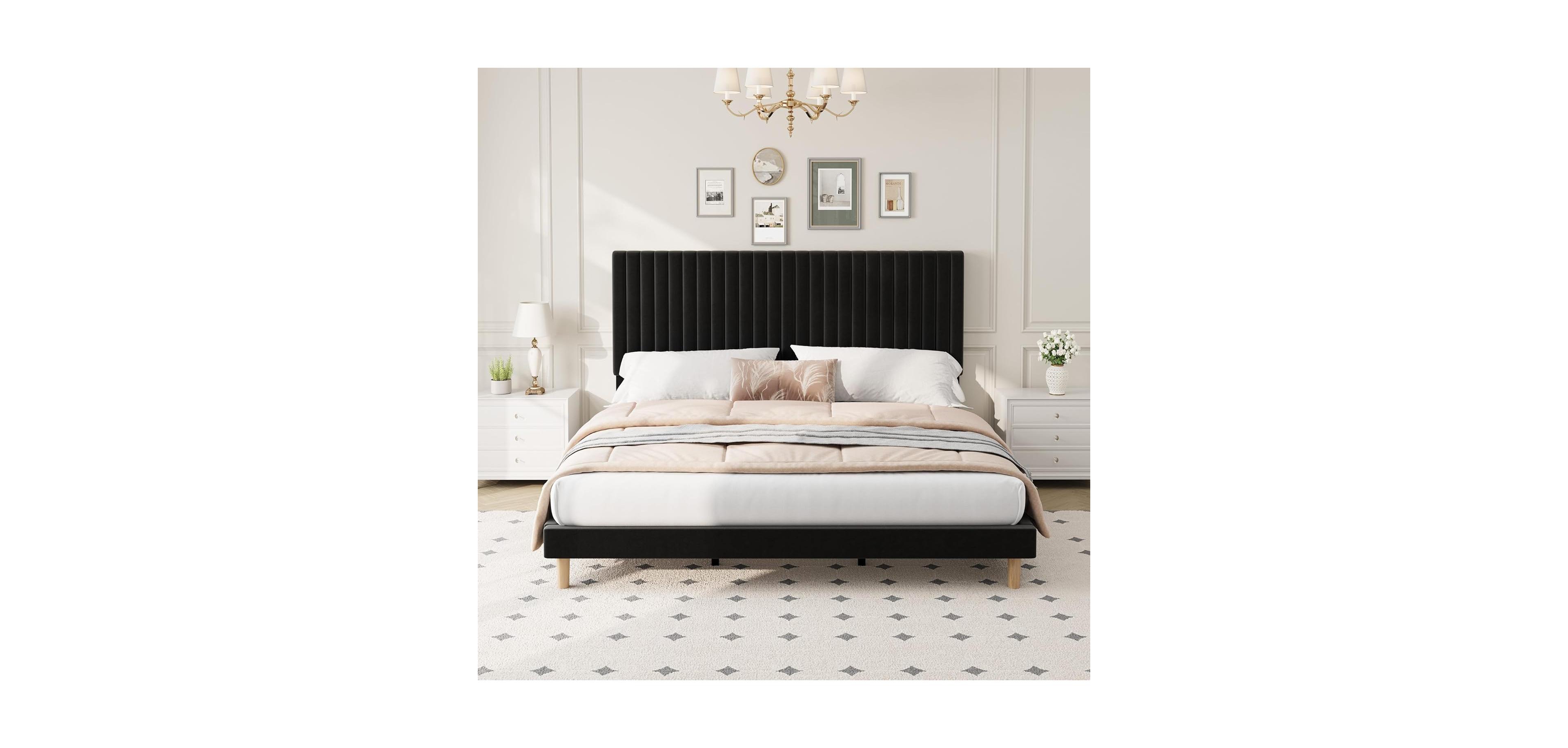 gaomon King Size Velvet Bed Frame, Vertical Channel Tufted Headboard, Height Adjustable, Upholstered Platform Bed, No Box Spring Needed