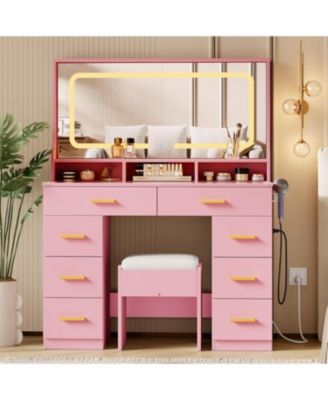 42" LED Makeup Vanity Desk with Large Mirror, 8 Drawers & Charging Station, Modern Dressing Table with Glass Top, Storage Stool