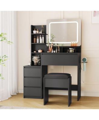 Makeup Vanity with Lights - 36-Inch Vanity Desk - 4 Large Drawers Dresser - 3 Lighting Modes - Stool and Charging Station