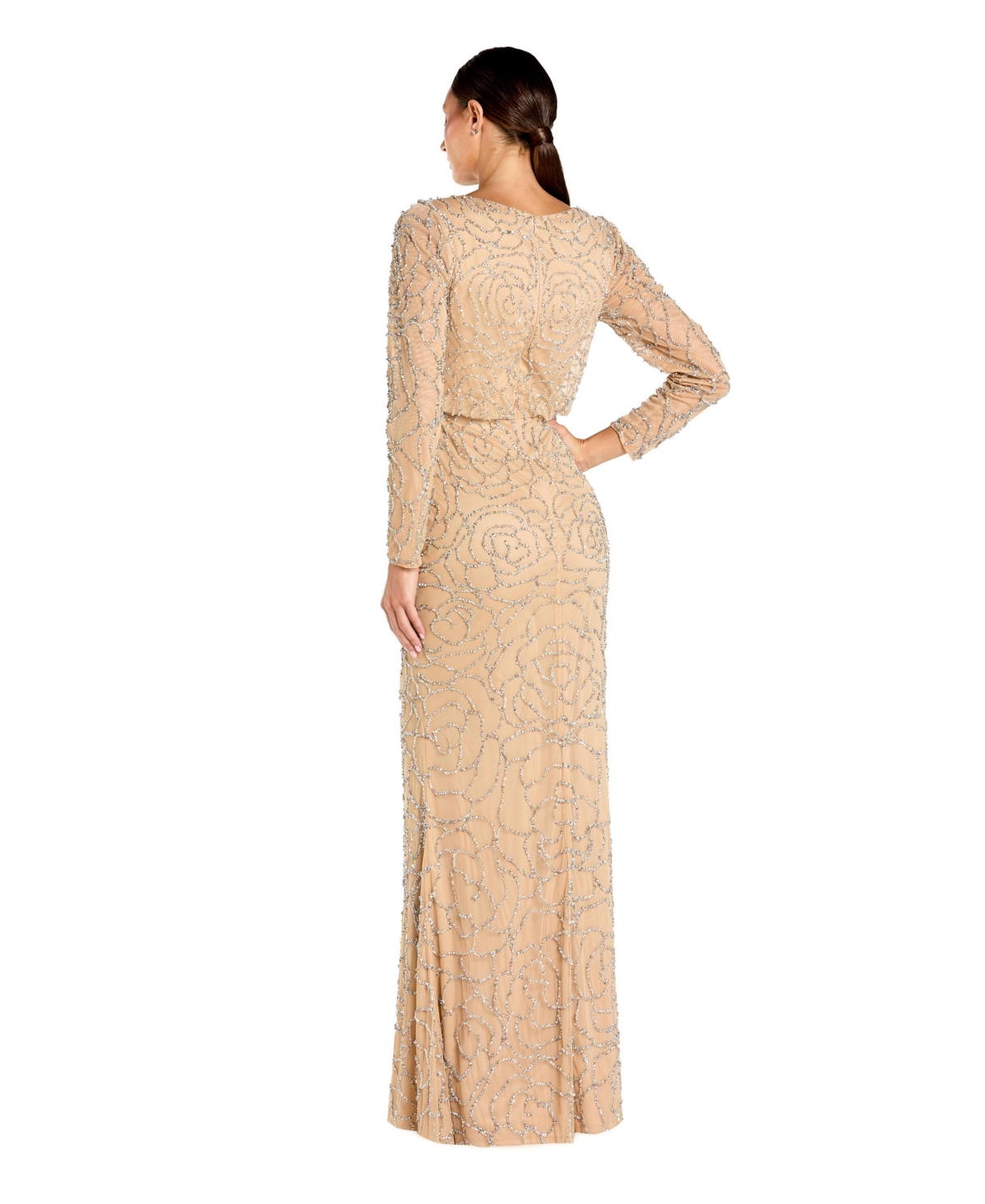 Mac Duggal Women's Long Sleeve Floral Beaded Blouson Gown