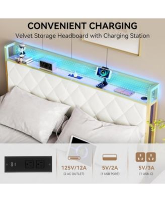 Bed Frame with Storage Headboard King-Size, Velvet Platform Bed Frame with Charging Station LED Light Bed Frame, Strong Frame and Slats Support