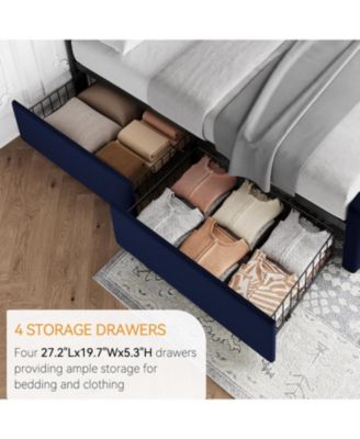 Full Size Bed Frame with 4 Storage Drawers and Headboard, Velvet Upholstered Platform Bed Frame with Wooden Slats Support