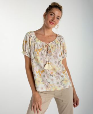 Women's Short-Sleeve Tie Neck Woven Blouse