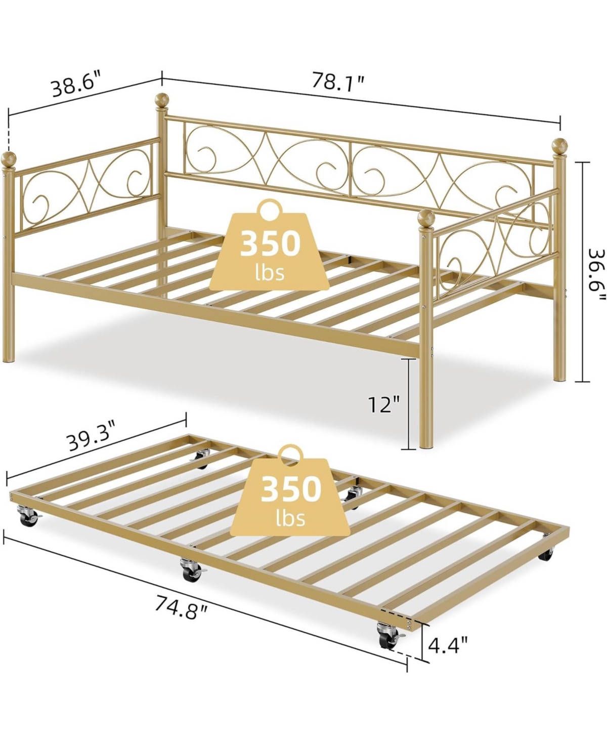 Gaomon Twin Size Metal Daybed Frame with Trundle Heavy Duty Metal Slats, Mattress Foundation Platform Sofa Bed with Headboard for Bedroom