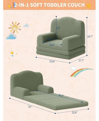 Kids Couch, 2-in-1 Comfy Toddler Couch Fold Out, Convertible Sofa to Lounger Foam Kids Chair with Soft Sherpa