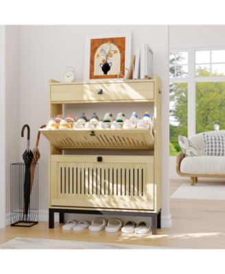 Shoe Storage Cabinet with 2 Flip Drawers & Top Drawer, Hollow Panel Design, Adjustable Shoe Organizer for Entryway