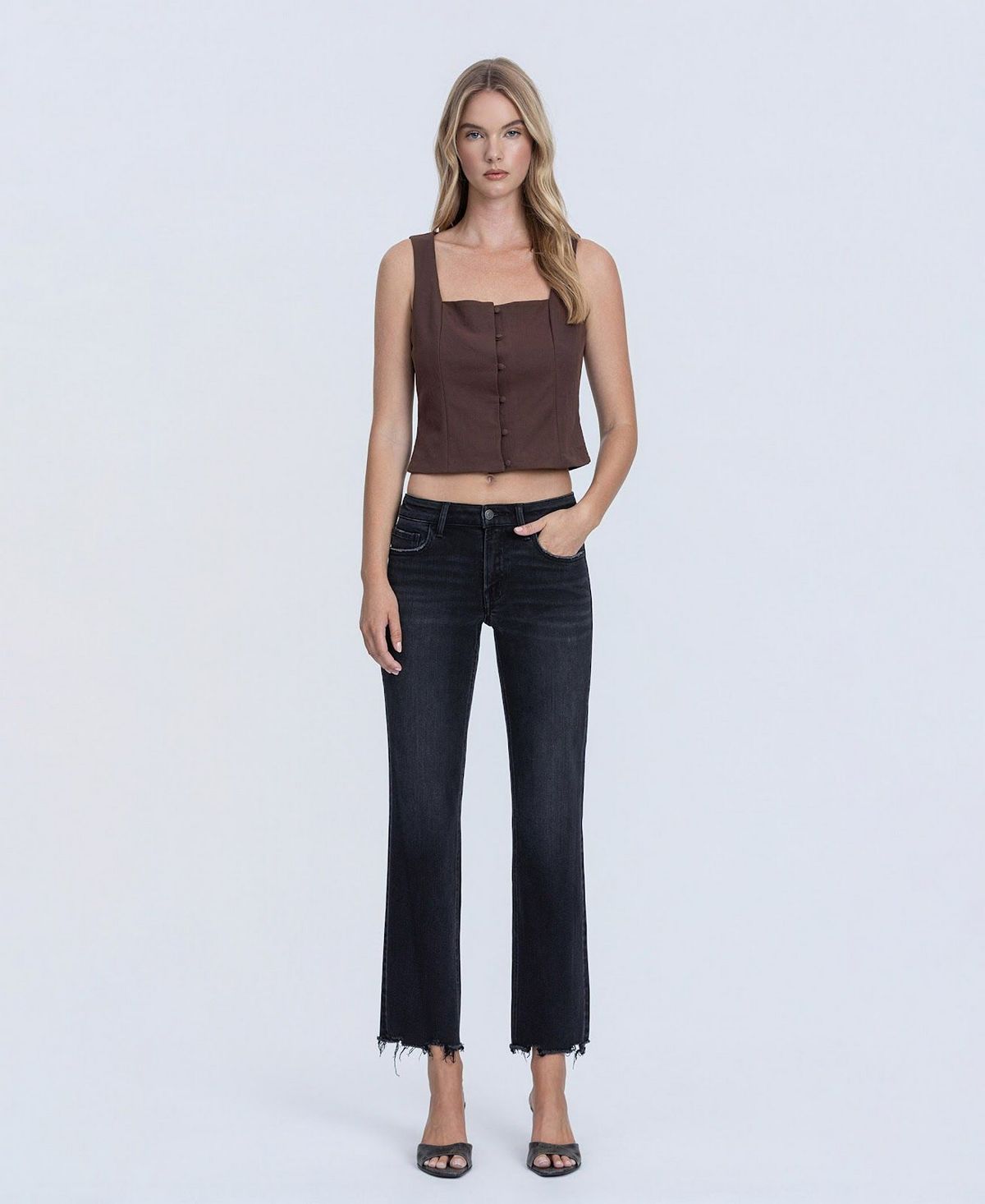 Flying Monkey Women's Mid Rise Raw Hem Ankle Straight Jeans view 2 — MAYCSS fashion products