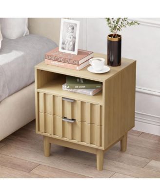 Fluted Pattern Modern Nightstand with 2 Drawers & Open Shelf