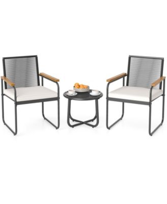 3 Pieces Patio Furniture Set PE Wicker Chairs & Side Table w/Armrests Padded Cushions