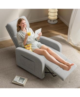 linen fabric manual recliner chair with side pocket, high backrest, thick cushion and adjustable push back lounge design