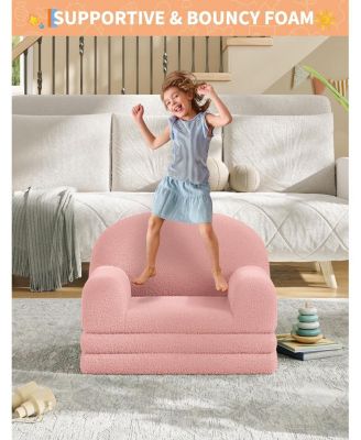 Kids Couch, 2-in-1 Convertible Teddy Fleece Fabric Toddler Sofa Chair, Soft Fold Out Couch Lounger for Kids, Comfy Children's Sofa Bed