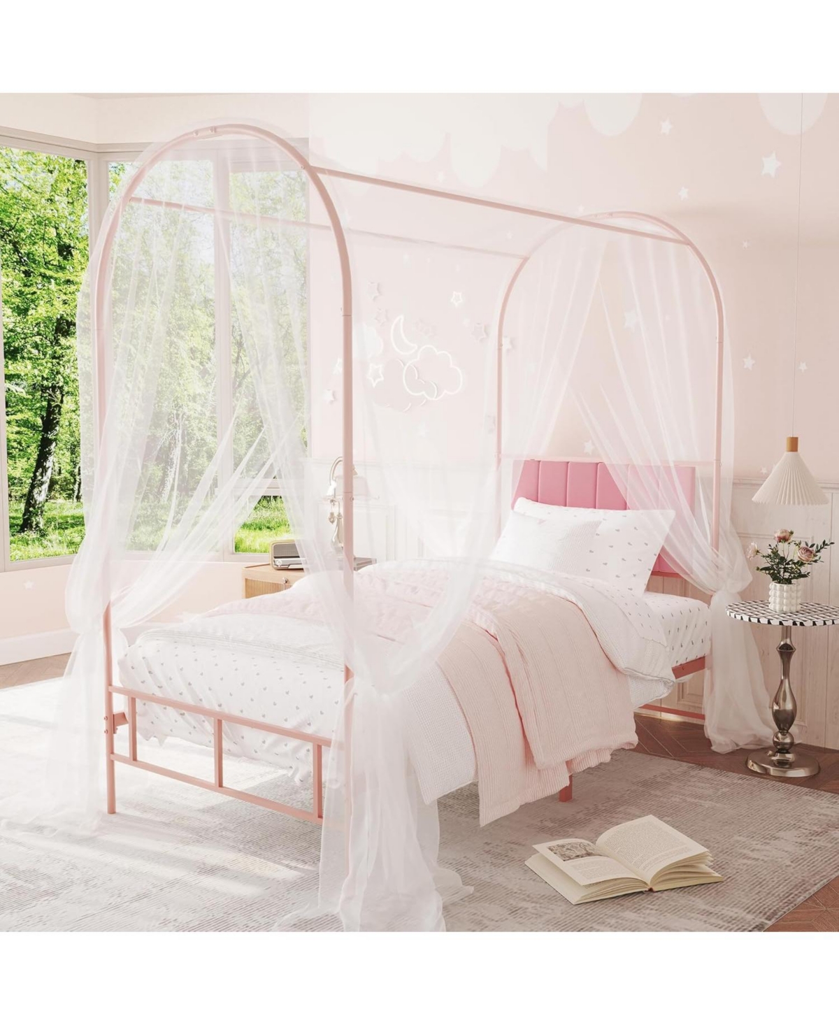 gaomon Kids Canopy Bed Frame with Headboard & Footboard, Upholstered Twin Frames Arched Mosquito Net Poles, Sturdy Metal Slats, No Box Spring