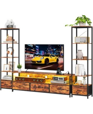 TV Entertainment Center with Storage, 5 Fabric Drawer, 2 Bookshelf, TV Console with Shelf