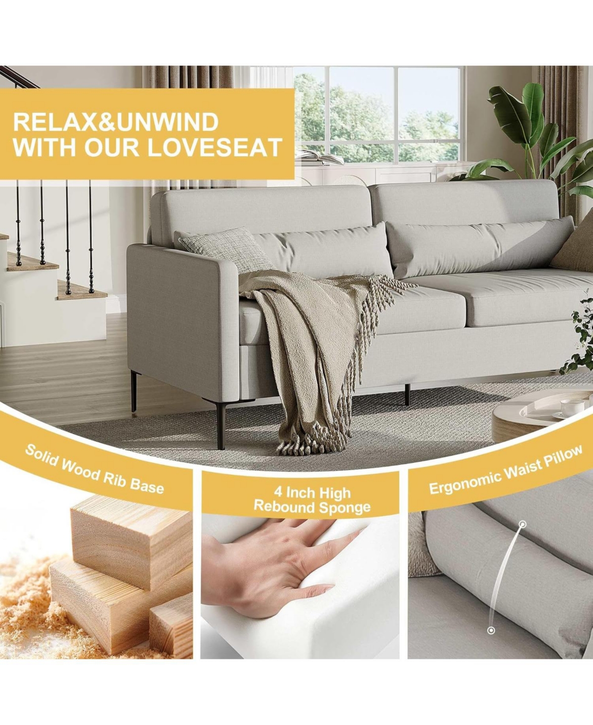 gaomon 80in Comfy Couch, 3 Seater Sofa with Metal Legs, Deep Seat Sofa with Linen Fabric Modern Sofa Couch for Living Room, Apparment, Office