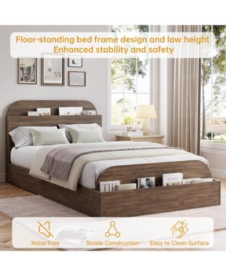 Twin Bed Frame, Wooden Beds with Storage Headboard and Raised-Foodboard, Twin-Floor Low Platform Bed for Bedroom, Sturdy Wooden Slats Support