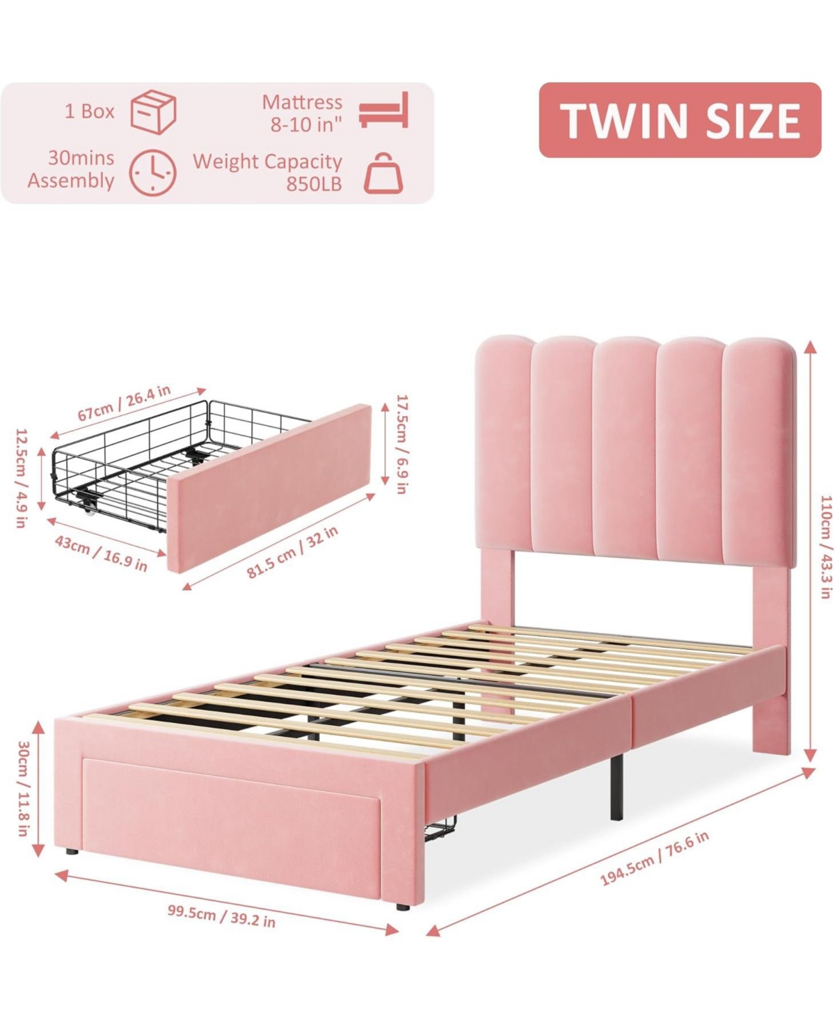 gaomon 2 Sets Twin Bed Frame with Under-Bed Drawer, Upholstered Platform Bed with Wave Headboard for Kids/Girls, Wooden Slats Support