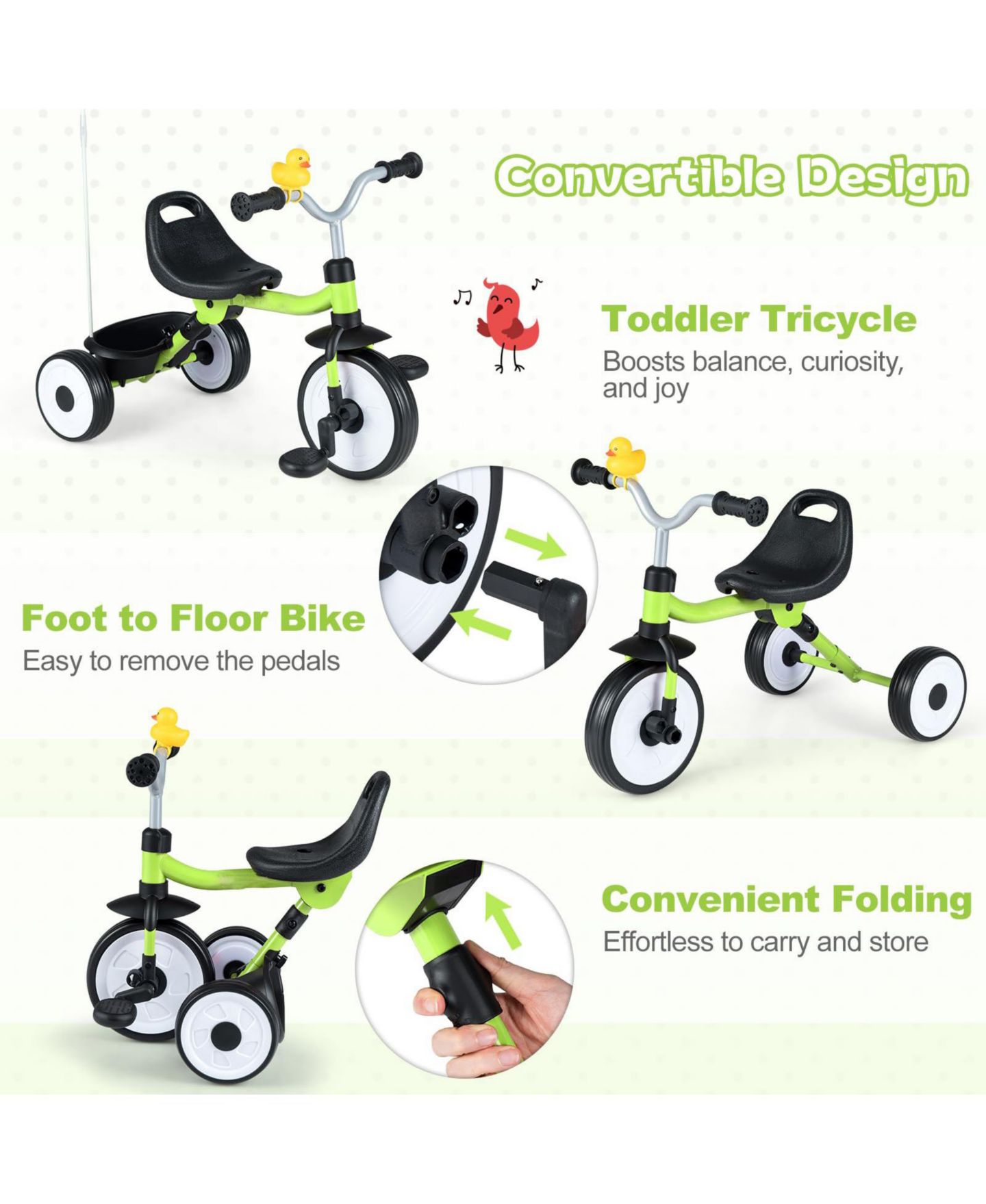 Детская игрушка Mecale Toddler Tricycle, 3-in-1 Convertible with LED Wheels and Storage Basket, Ages 3+, цвет: Зелёный — фото 9