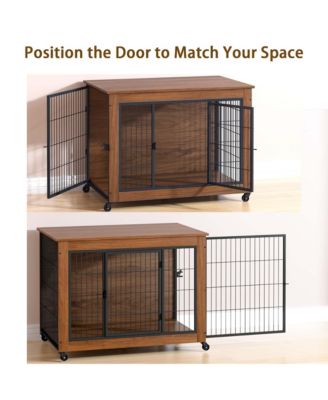 38.6" Dog Crate Furniture with Wheels, 2-Door Heavy Duty Indoor Kennel & End Table for Small Dogs