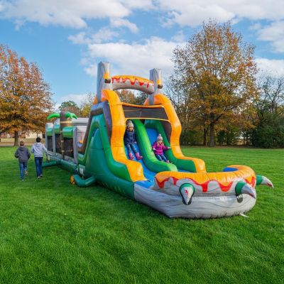 T-Rex Adventure 42’ Inflatable Obstacle Course with Water Slide – Dinosaur Theme, Commercial Grade PVC Vinyl, Ultimate Backyard Challenge
