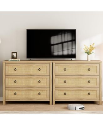 Rattan 3 Drawer Dresser, 29" Tall Boho Wooden Chest for Bedroom, Living Room