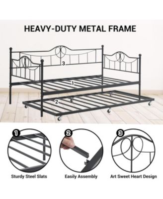 Metal Daybed with Trundle Bed, Twin Size Day Bed with Headboard and Heavy Duty Steel Slats Support, Mattress Foundation Platform Sofa Bed