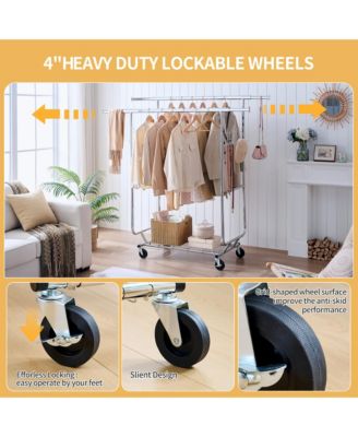 Double Clothing Garment Rack, Double Rod Rolling Clothing Rack, Portable Collapsible Hanging Rack with Shelves, Capacity 800lbs for Bedroom