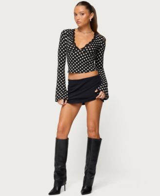 Women's Polka Dot Lacey Plunge Neck Top