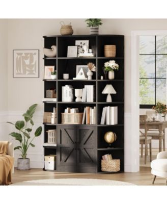 Bookshelf with Doors,6 Tier Bookcase with Storage Cabinet, Modern Farmhouse Freestanding Wood Display Shelves with Book Storage Cabinet