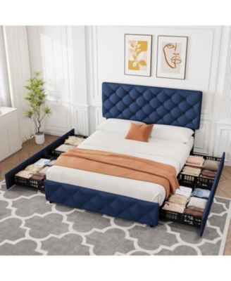 Full Size Bed Frame with 4 Storage Drawers and Adjustable Headboard, Linen Upholstered Platform Beds