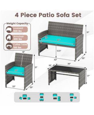 Set of 4 Patio Conversation Set w/Seat Cushions & Tempered Glass Tabletop Porch Turquoise