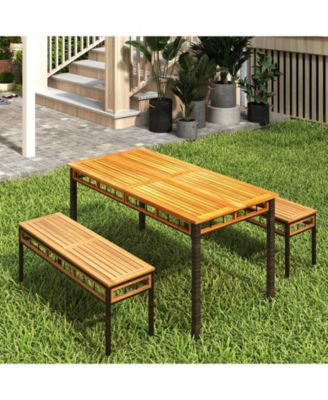 48'' Wicker Patio Bench w/Acacia Wood Seat Removable Padded Cushion for Garden Outdoor