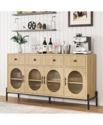 Buffet Cabinet with Storage, 62" Large Sideboard, Wooden Cabinet With 3 Drawers and 4 Fluted Glass Doors, Coffee Bar Table for Kitchen