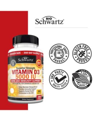 Vitamin D3 5000 IU (125 mcg) Natural Immune Support Supplement, Bone Strength, Healthy Muscle Function, 360 Softgels