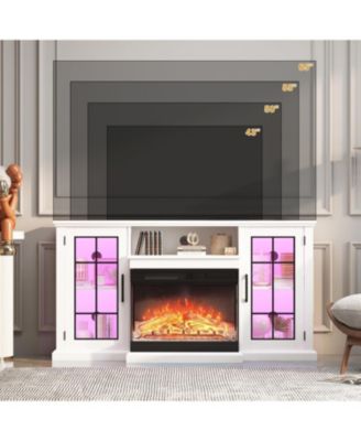 75" Fireplace TV Stand, Modern Entertainment Center with 24" 3-Sided Glass Electric Fireplace, 12 Flame Colors, Remote Control