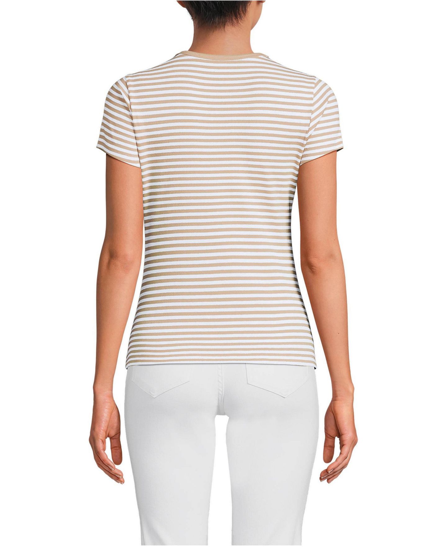 Женская футболка Lands' End Short Sleeve Crew Neck Micro Rib Mini, цвет: Шампань / Белый полосатый — фото 2