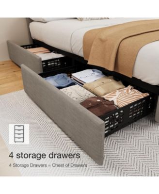 Bed Frame with 4 Storage Drawers, Linen Upholstered Platform Bed Frame with Adjustable Headboard