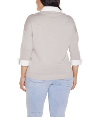 Plus Size Woven-Collar Twofer Sweater