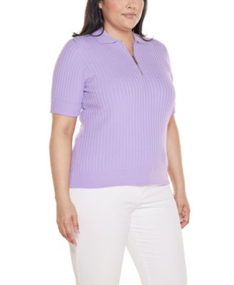 Plus Size Collared Quarter-Zip Ribbed-Knit Sweater