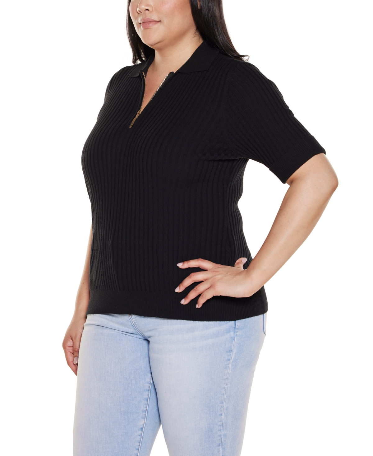 Belldini Plus Collared Quarter-Zip Ribbed-Knit Sweater