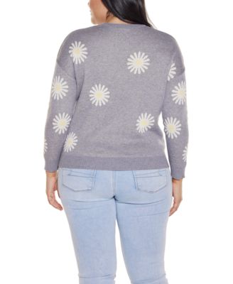 Plus Size Jacquard-Flower Crew Neck Sweater