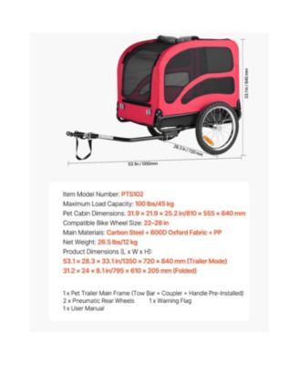 Heavy-Duty Dog Bike Trailer, Up to 100 lbs - Universal Bicycle Carrier for Small & Large Pets,Red