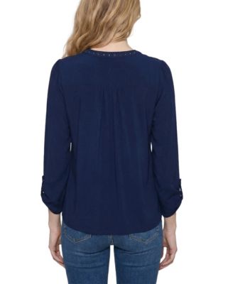 Petite Long-Sleeve Pleat Front Roll Tab Top